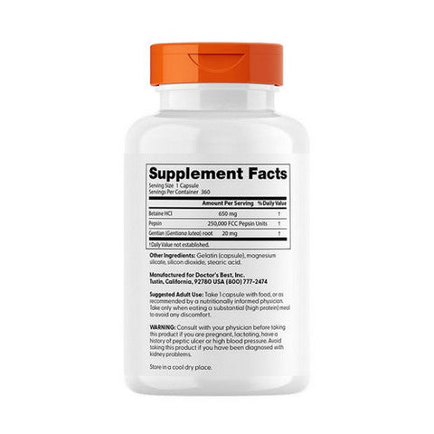 Doctors Best, Betaine HCl Pepsin & Gentian Bitters, 360 Caps Doctors Best