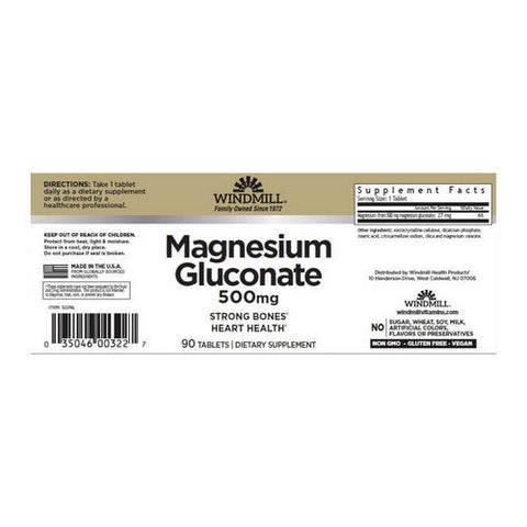Windmill Health, Magnesium Gluconate, 500 mg, 90 Tabs Windmill Health